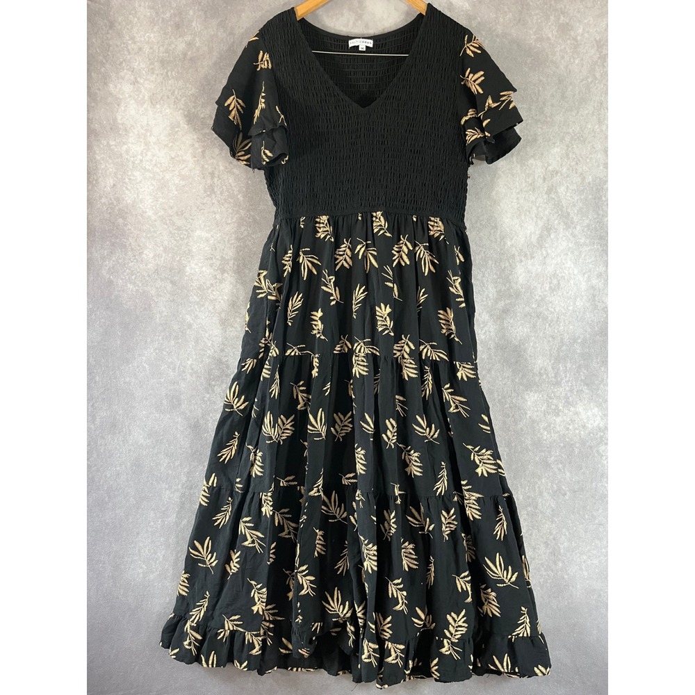 Baltic Born Maxi Dress Women 1XL Black Gold Embroidered Smocked Flutter Sleeve